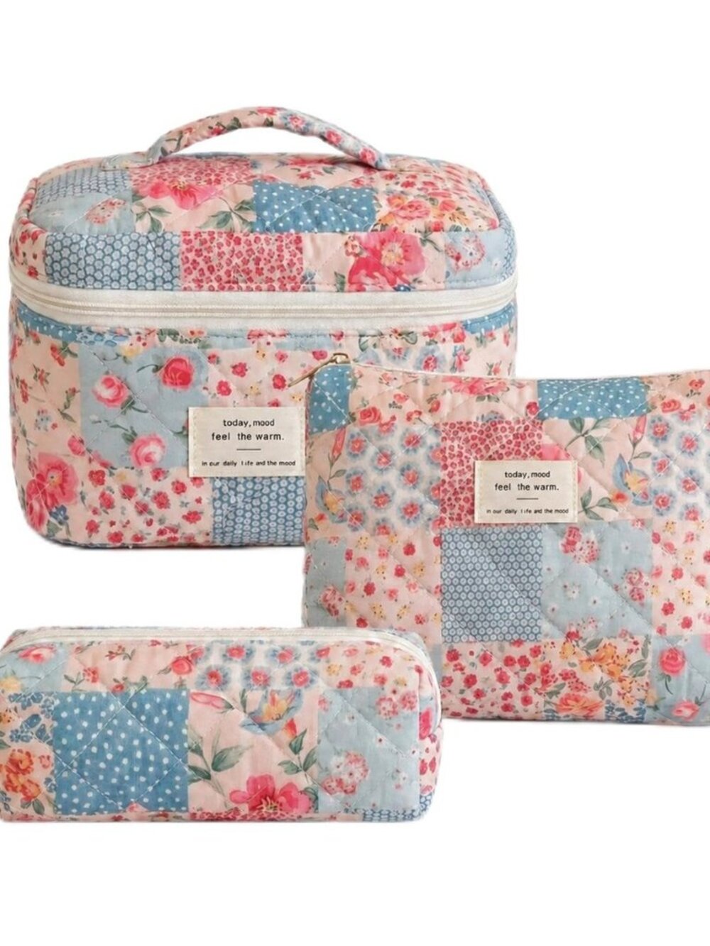 3 Pcs Quilted Floral Makeup Bag Set,Flowers Patchwork Cosmetic Bag
